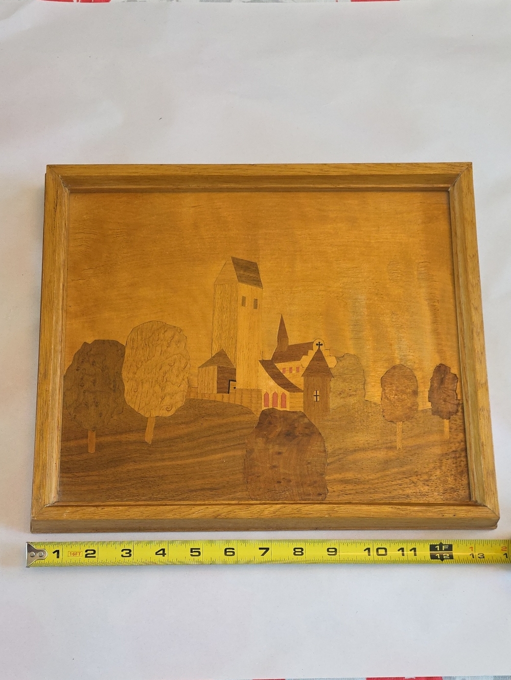 Vintage wood marquetry wall art in warm brown tones, Germany